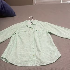 Womens mint green / small gingham check travel shirt with SPF protection.